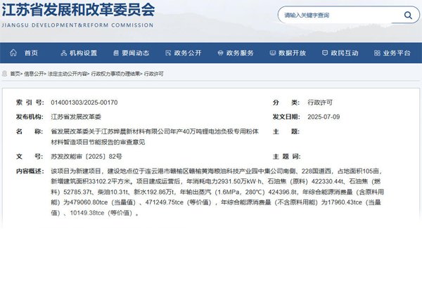 ?坐標江蘇連云港！年產40萬噸負極材料前驅體項目獲批