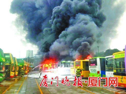 廈門一公交車突起火致11車損毀 一人滅火時受傷后死亡