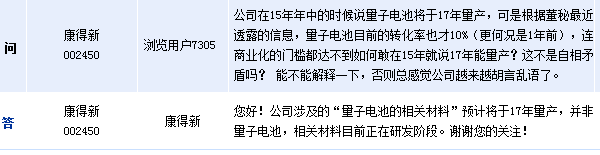 康得新：預計量子電池材料明年量產(chǎn) 目前處研發(fā)階段