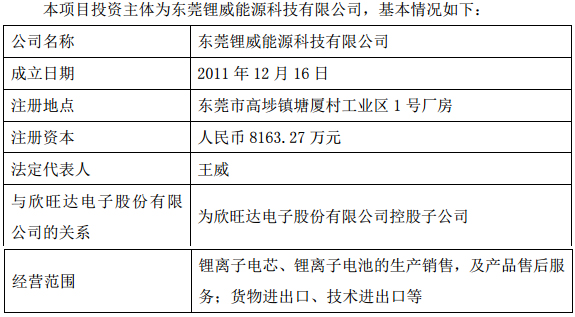 欣旺達子公司東莞鋰威投資5000萬元建鋰電池生產企業