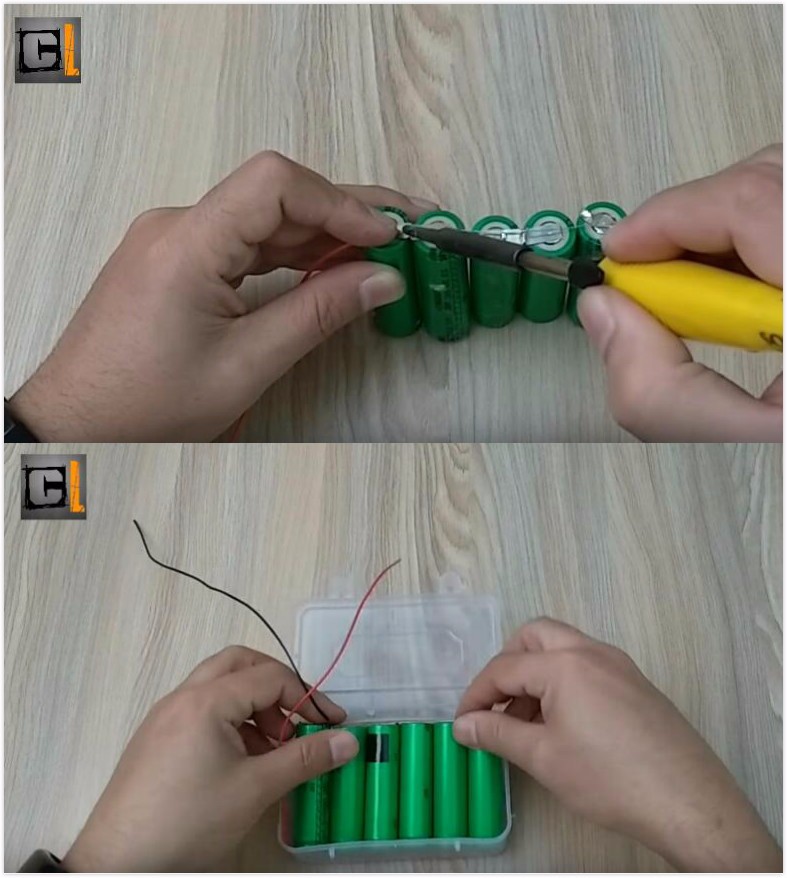 接著，將這幾顆鋰電池排成一排，并用熱焊槍將電源線(xiàn)焊接在電池的正負(fù)極上，并將其放入到一個(gè)盒子當(dāng)中。