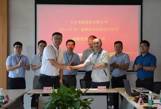 天合光能副總裁劉海鵬、力信能源副總裁施云海代表雙方簽約