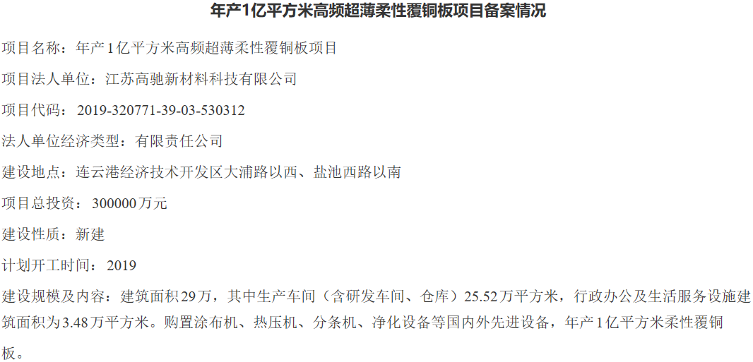 江蘇高馳年產1億平方米高頻超薄柔性覆銅板項目開工 總投資30億