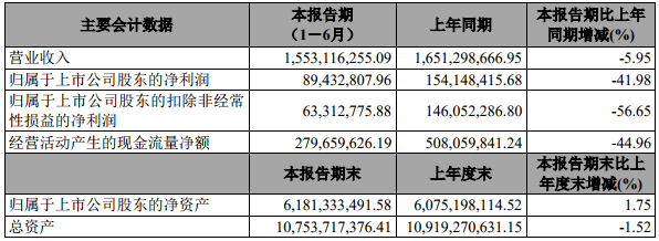 寶泰隆上半年業績（單位：元）