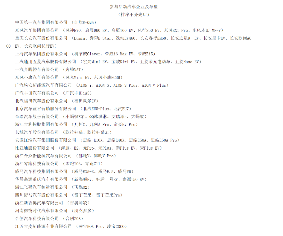 參與2022年新能源汽車下鄉(xiāng)活動的車企及車型，圖片來源：工信部官網(wǎng)