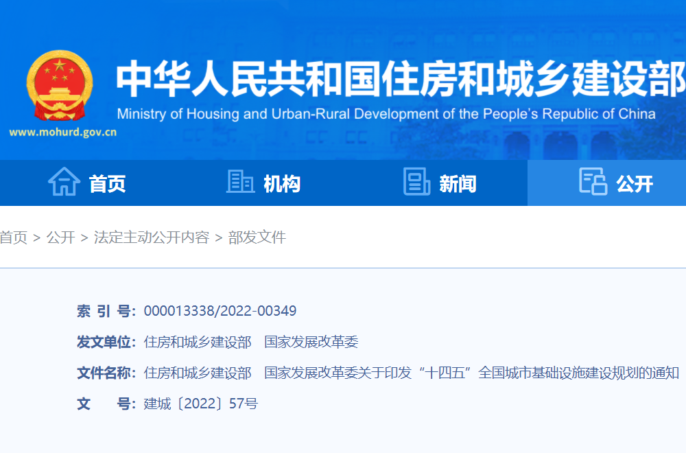 住房和城鄉(xiāng)建設(shè)部、國家發(fā)展改革委聯(lián)合發(fā)布《“十四五”全國城市基礎(chǔ)設(shè)施建設(shè)規(guī)劃》