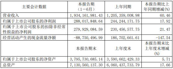   2022年上半年嘉元科技主要會(huì)計(jì)數(shù)據(jù) 單位：元