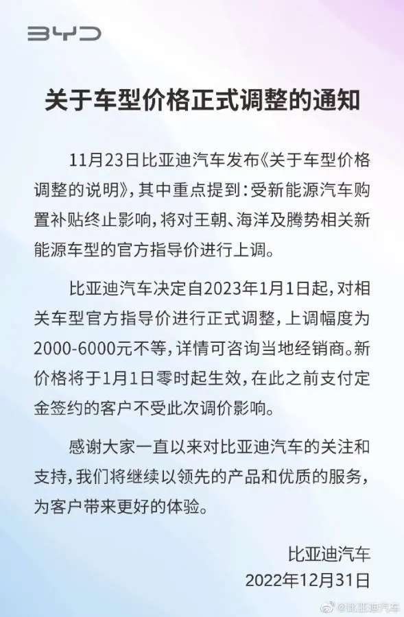 比亞迪上調(diào)相關(guān)新能源車型官方指導(dǎo)價(jià) 調(diào)幅為2000-6000元
