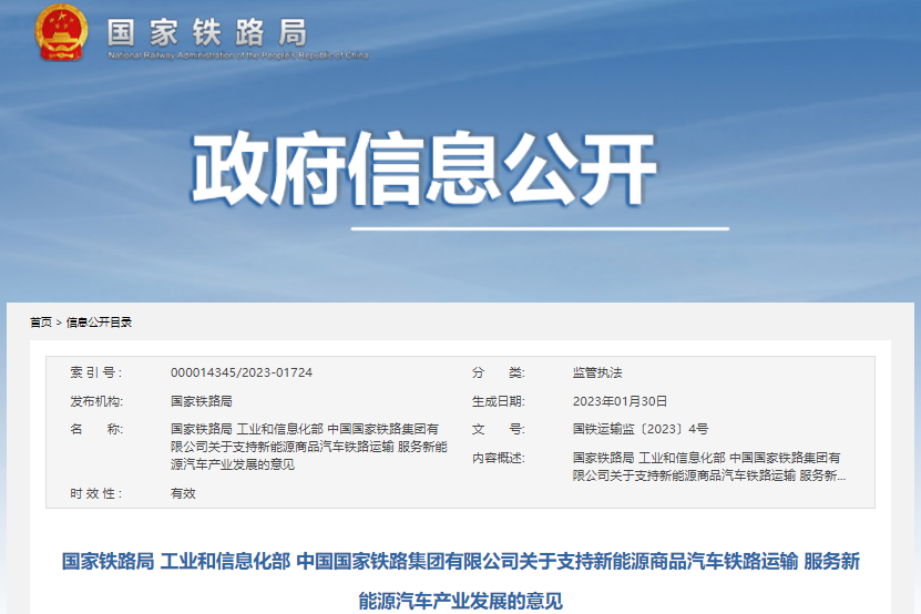 關于支持新能源商品汽車鐵路運輸 服務新能源汽車產業發展的意見
