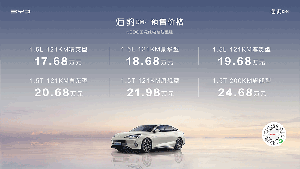 8月25日，比亞迪海洋網(wǎng)“新一代主流中型轎車(chē)”——海豹DM-i在成都車(chē)展正式開(kāi)啟預(yù)售，共6款車(chē)型，預(yù)售價(jià)格為17.68萬(wàn)-24.68萬(wàn)元。