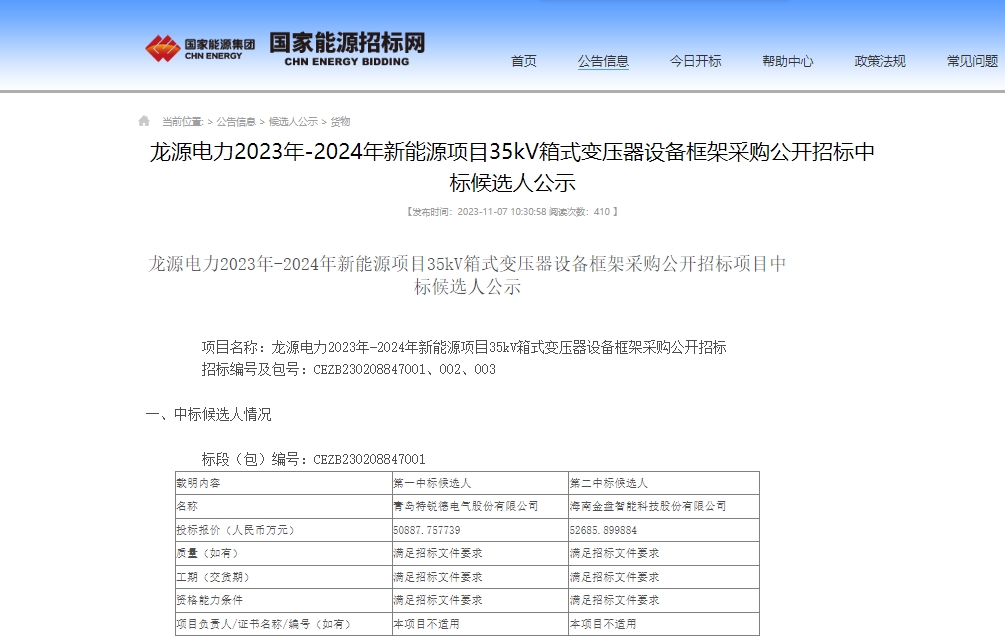 超5億！特銳德預(yù)中標(biāo)龍?jiān)措娏π履茉错?xiàng)目35kV箱式變壓器項(xiàng)目