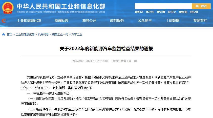 工信部通報2022年度新能源汽車監(jiān)督檢查結(jié)果
