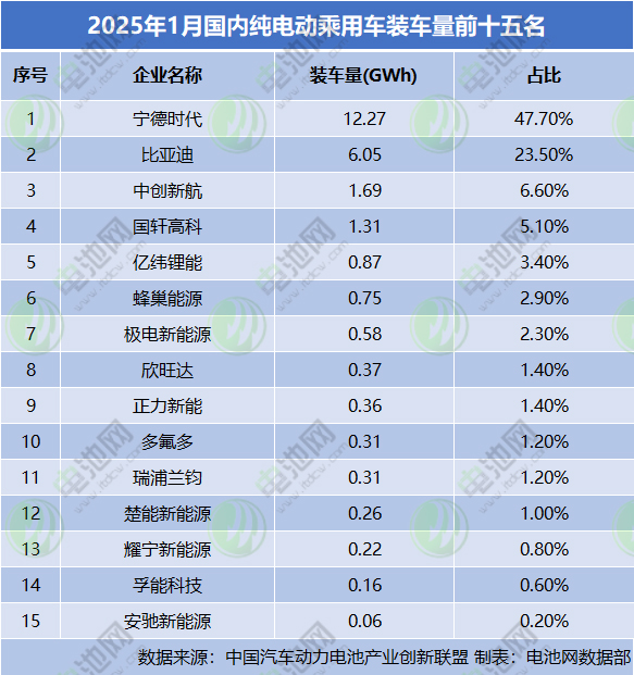 2025年1月國內純電動乘用車裝車量前十五名