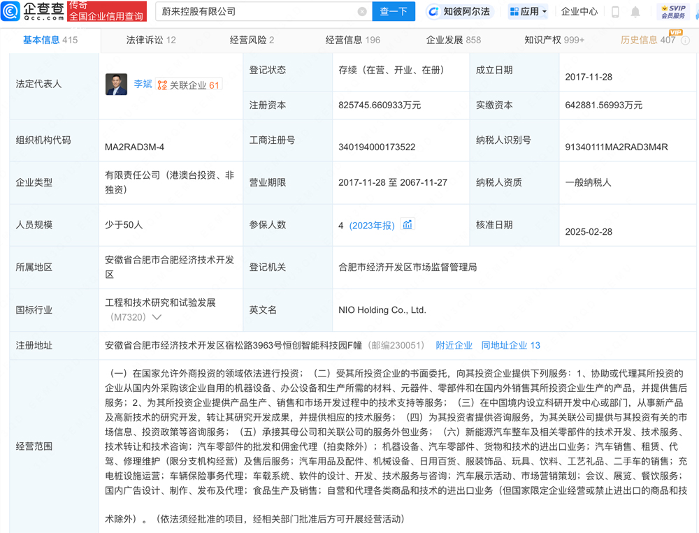 蔚來控股有限公司發生工商變更